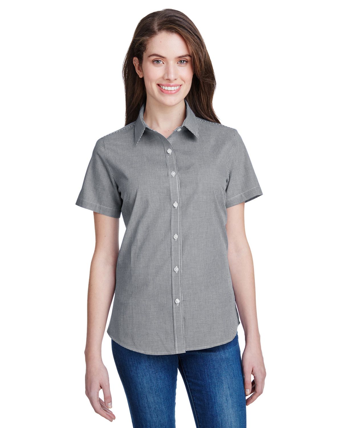 Artisan Collection RP321 Women's Microcheck Gingham Short-Sleeve Cotton Shirt