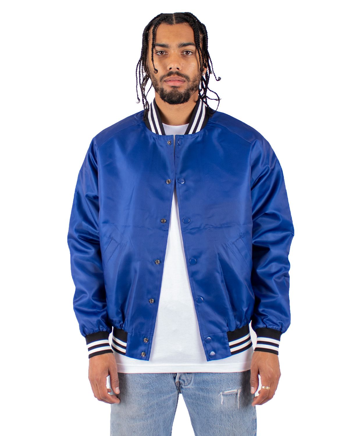 blue varsity bomber jacket