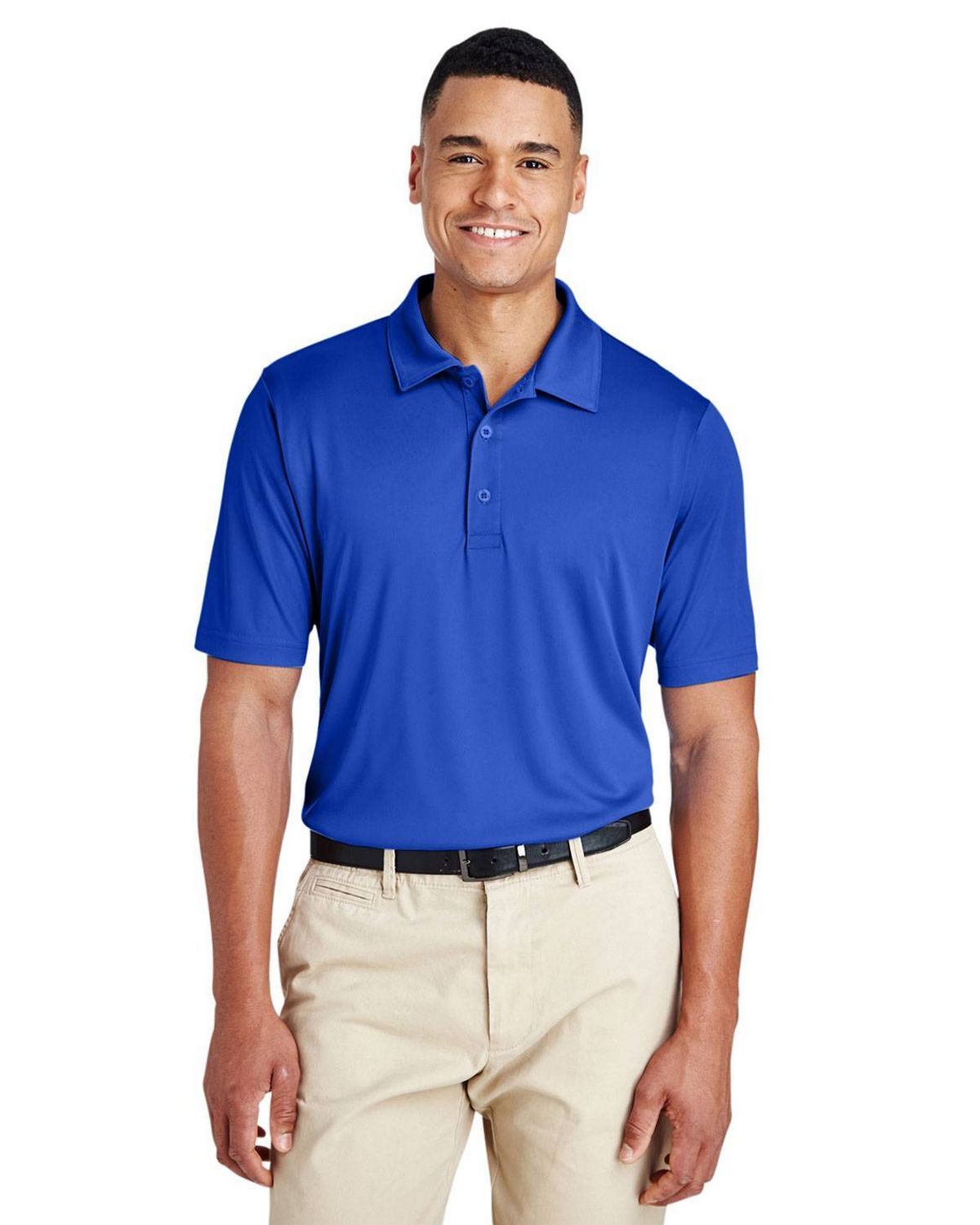 blue polo shirt and khaki pants