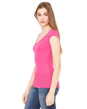 Bella + Canvas B8705 Women's Sheer Mini Rib Cap-Sleeve Deep V-Neck T-Shirt
