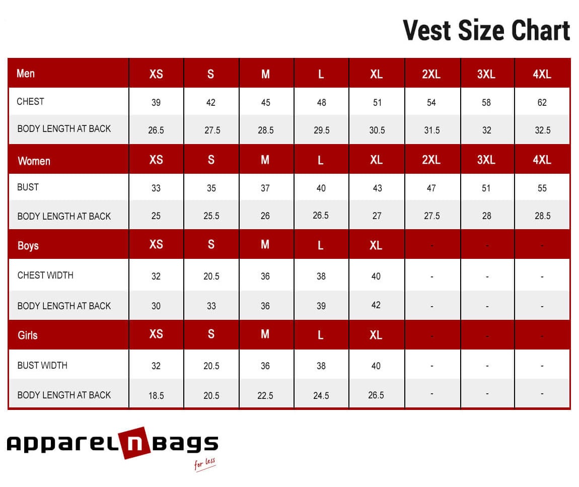 Vests Size Chart