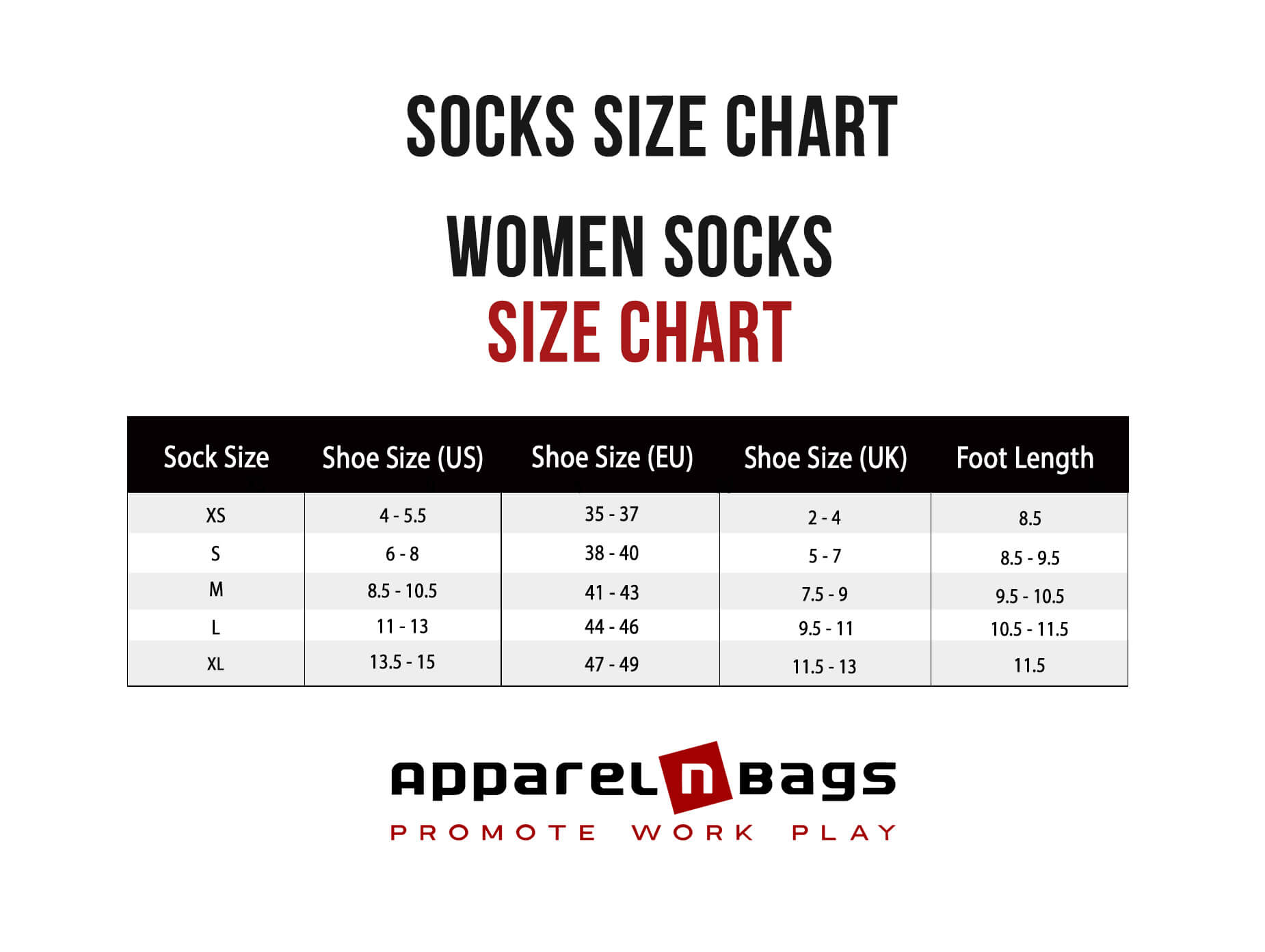 Precise Socks Size Chart And Measurement Guide Apparelnbags