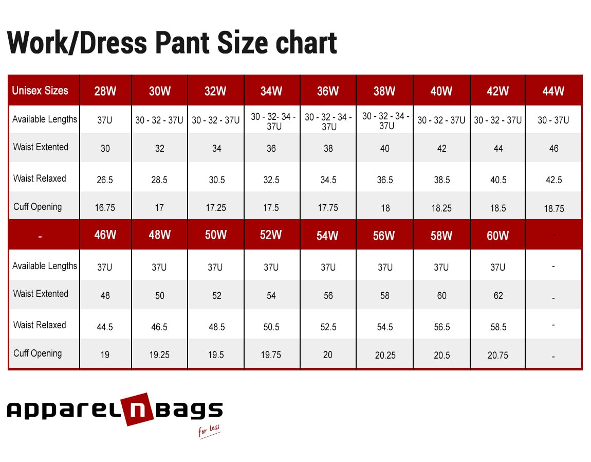 Work / Dress Pant Size Chart